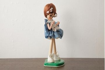 レトロ雑貨　水玉模様の洋服がかわいらしい昭和レトロなポーズ人形(文化人形)(R-039659)