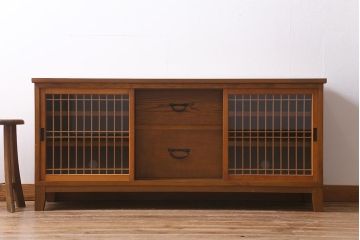 ラフジュ工房オリジナル　古建具リメイク　脚付き　組子　和テイストのお部屋におすすめなテレビ台(ローボード、収納棚、テレビボード、書院戸)(R-039662)