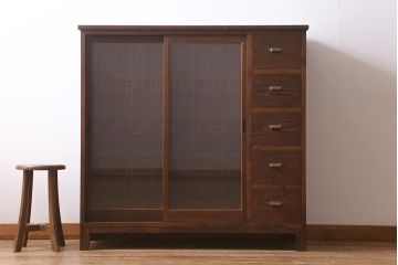 ラフジュ工房オリジナル　古建具リメイク　引き出し5杯付きの組子書院戸のキャビネット(戸棚、リビングボード)(R-039700)