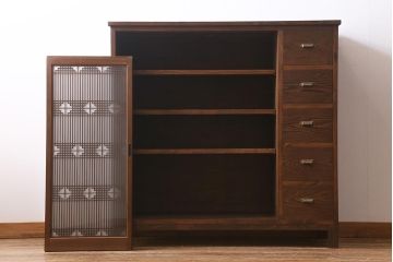 ラフジュ工房オリジナル　古建具リメイク　引き出し5杯付きの組子書院戸のキャビネット(戸棚、リビングボード)(R-039700)