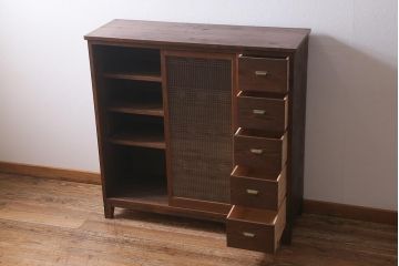 ラフジュ工房オリジナル　古建具リメイク　引き出し5杯付きの組子書院戸のキャビネット(戸棚、リビングボード)(R-039700)