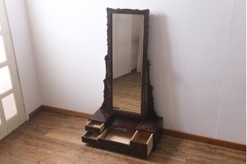 ヴィンテージ家具　伝統工芸　軽井沢彫り　桜の意匠が目を惹く上品な佇まいの鏡台(ドレッサー、ビンテージ)(R-039712)