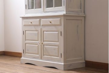 リメイク家具　民芸家具　シャビーなホワイトペイントキャビネット(食器棚、収納棚)(R-039714)