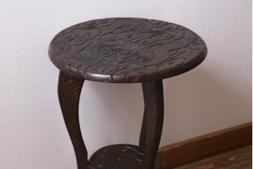 中古　伝統工芸　日光彫り　龍雲図　迫力ある彫刻のサイドテーブル(花台、飾り台)(R-039721)