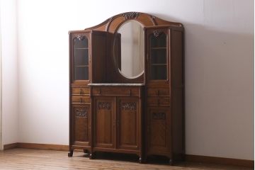 アンティーク家具　フランスアンティーク　ウォールナット材　大理石　上手物!ラウンド型のミラーが目を惹く高級感漂うキャビネット(収納棚、飾り棚、ウォッシュスタンド)(R-039726)