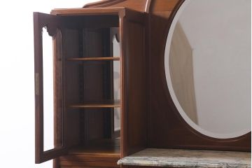 アンティーク家具　フランスアンティーク　ウォールナット材　大理石　上手物!ラウンド型のミラーが目を惹く高級感漂うキャビネット(収納棚、飾り棚、ウォッシュスタンド)(R-039726)