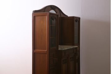 アンティーク家具　フランスアンティーク　ウォールナット材　大理石　上手物!ラウンド型のミラーが目を惹く高級感漂うキャビネット(収納棚、飾り棚、ウォッシュスタンド)(R-039726)