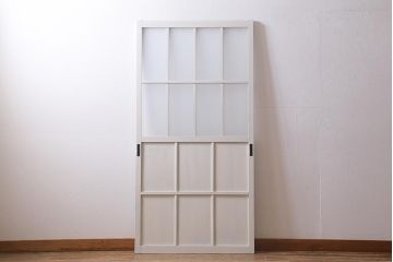 アンティーク建具　和製アンティーク　昭和初期　ペイント　アンティークホワイト　フレンチシックなガラス戸1枚(引き戸、建具)(R-039728)
