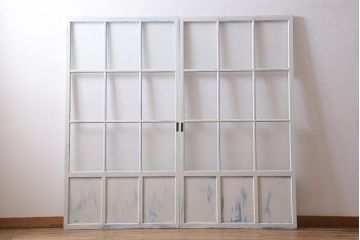 アンティーク建具　和製アンティーク　昭和初期　ペイント　2色のペイントカラーがお洒落なガラス戸2枚セット(引き戸、建具)(R-039729)