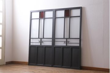 アンティーク建具　当店オリジナルガラス　色ガラスが目を引くペイントガラス戸2枚セット(引き戸)(R-039753)