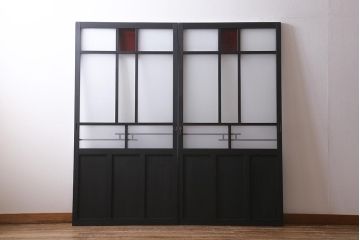 アンティーク建具　当店オリジナルガラス　色ガラスが目を引くペイントガラス戸2枚セット(引き戸)(R-039753)