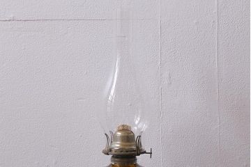 アンティーク雑貨　大正ロマン　8分芯　アンバーガラスのオイルランプ(灯油ランプ、卓上ランプ)(R-039797)