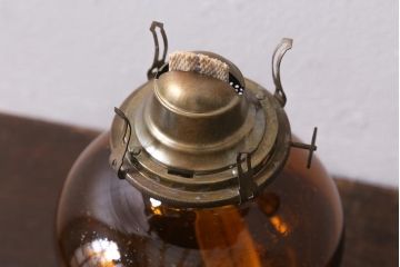 アンティーク雑貨　大正ロマン　8分芯　アンバーガラスのオイルランプ(灯油ランプ、卓上ランプ)(R-039797)