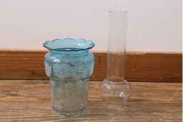 アンティーク雑貨　ドイツ製　巻芯65mm　CAMERCO-PICADOR　青いガラスが爽やかなヴィクトリアンオイルランプ(灯油ランプ、台ランプ)(R-039800)
