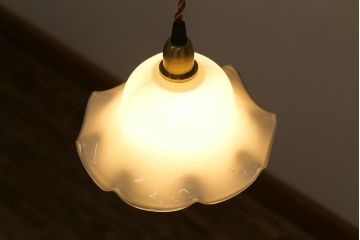 イギリスヴィンテージ照明　上品なフリルシェードのペンダントライト(ランプシェード、天井照明、ビンテージ、吊り下げ照明)(R-039915)