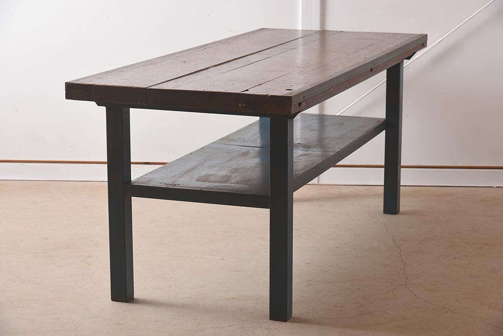 ヴィンテージ家具　アイアンフレーム　ジャンクな雰囲気が魅力の作業台(鉄脚テーブル、ビンテージ)(R-039939)