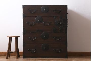 アンティーク家具　明治大正期　前板桐材　隠し付き　古い物ならではの渋さが格好いい重ね箪笥(時代箪笥、衣装箪笥、チェスト、テレビ台、桐箪笥、桐たんす)(R-039949)