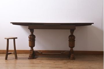 アンティーク家具　イギリスアンティーク　オーク材　ブルボーズレッグが目を引くドローリーフテーブル(エクステンションテーブル、ダイニングテーブル)(R-039960)