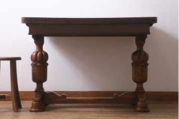 アンティーク家具　イギリスアンティーク　オーク材　ブルボーズレッグが目を引くドローリーフテーブル(エクステンションテーブル、ダイニングテーブル)(R-039960)