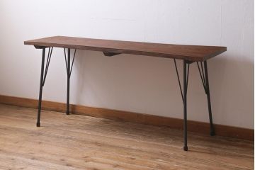 アンティーク家具　古材リメイク　ケヤキ材一枚板　ダイナミックな木目が魅力の鉄脚テーブル(コンソールテーブル、作業台)(R-039962)