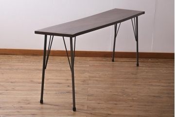 アンティーク家具　古材一枚板リメイク　朴の木　使いこまれた木肌が味わい深い鉄脚テーブル(コンソールテーブル、作業台)(R-039963)