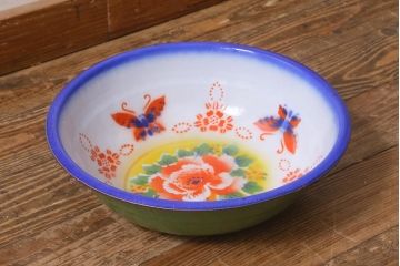 レトロ雑貨　月星印　かわいらしい中国ホーローのようなカラフルな洗面器(琺瑯)(R-039971)