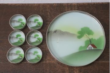 昭和レトロ　箱付き　風景　ガラストレー1枚・ガラスコースター6枚セット(コップ敷き)(R-039987)