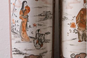 古民具・骨董　明治期　九谷焼　赤絵花瓶一対(花器)(R-039991)