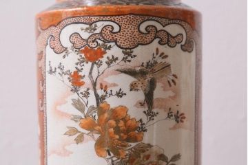 古民具・骨董　明治期　九谷焼　赤絵花瓶一対(花器)(R-039991)