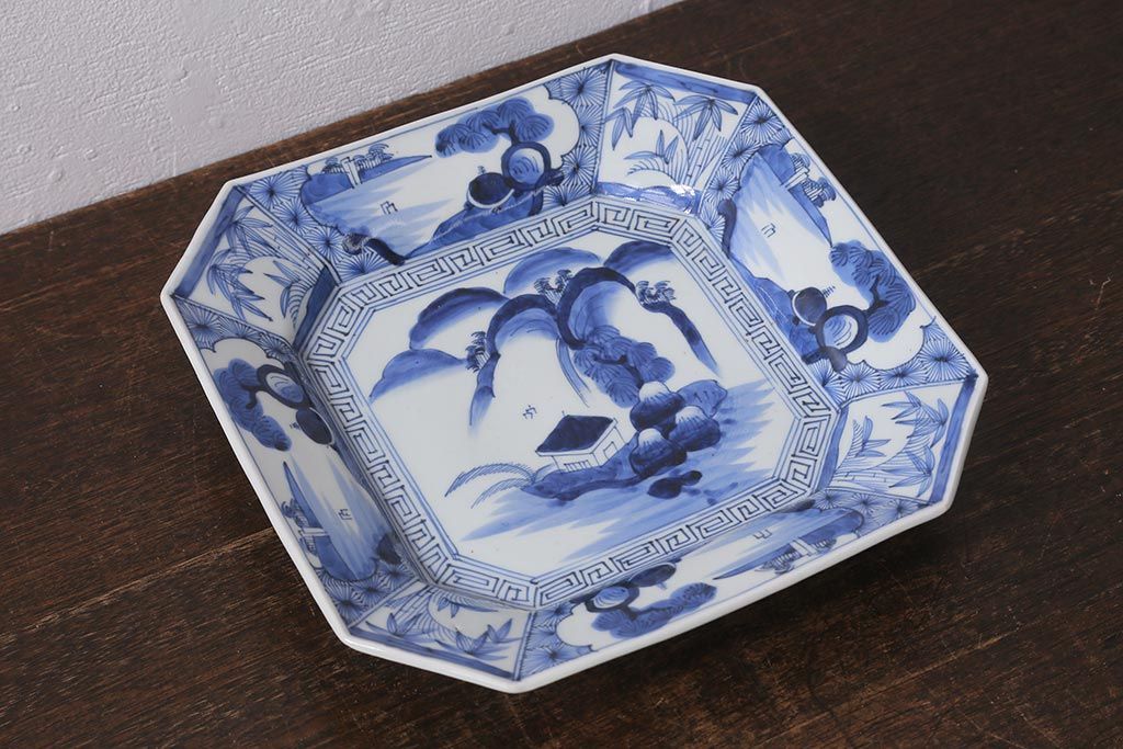 アンティーク雑貨　明治期　伊万里焼　染付八角皿(変形皿)(R-039995)