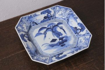 アンティーク雑貨　明治期　伊万里焼　染付八角皿(変形皿)(R-039995)