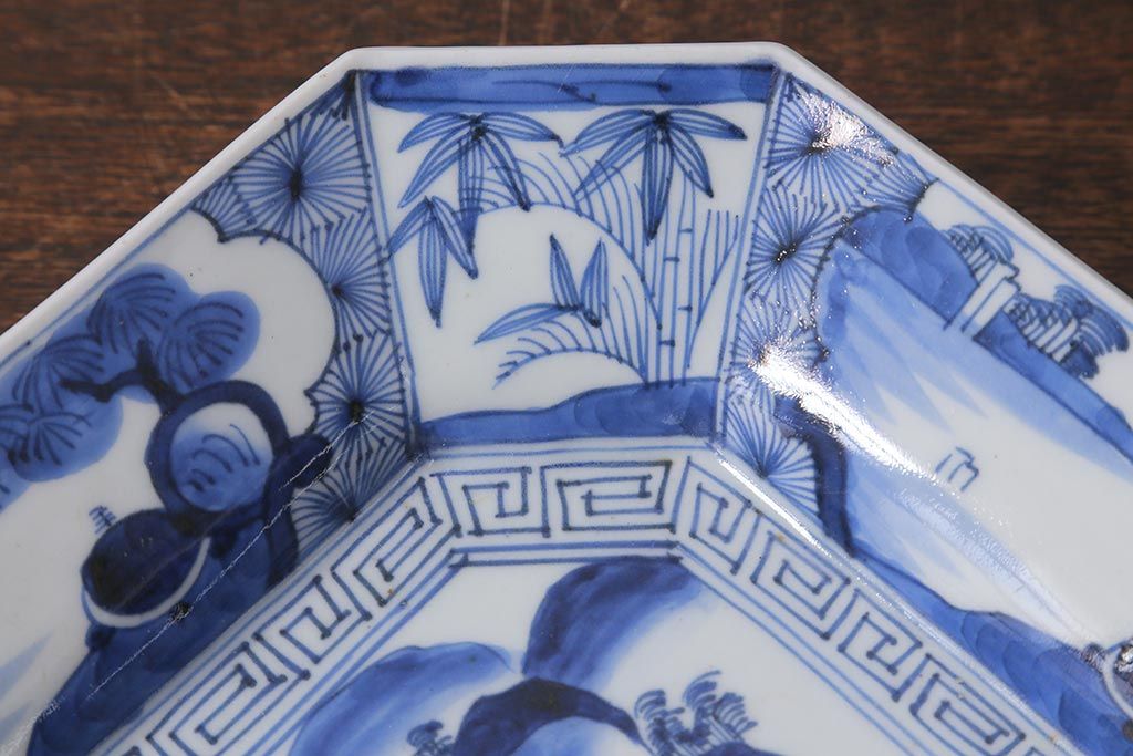 アンティーク雑貨　明治期　伊万里焼　染付八角皿(変形皿)(R-039995)