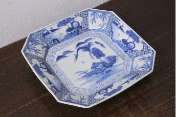 アンティーク雑貨　明治期　伊万里焼　染付八角皿(変形皿)(R-039996)