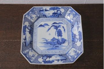 アンティーク雑貨　明治期　伊万里焼　染付八角皿(変形皿)(R-039996)