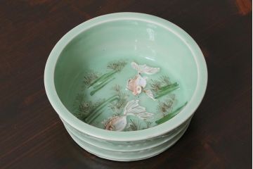 アンティーク雑貨　明治大正期　金魚図　青磁鉢　深皿(R-039999)