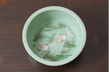 アンティーク雑貨　明治大正期　金魚図　青磁鉢　深皿(R-039999)