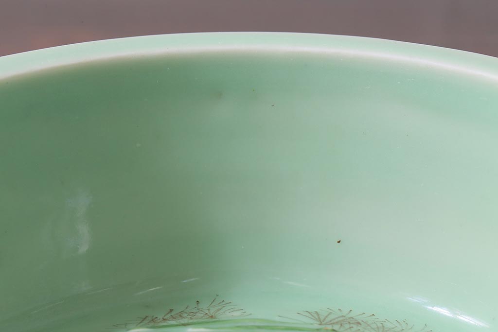 アンティーク雑貨　明治大正期　金魚図　青磁鉢　深皿(R-039999)