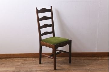 中古　松本民芸家具　グリーンのファブリックが上品な印象のA型布張ラダーバックチェア(ダイニングチェア、椅子)(R-040001)