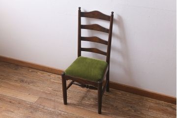 中古　松本民芸家具　グリーンのファブリックが上品な印象のA型布張ラダーバックチェア(ダイニングチェア、椅子)(R-040001)