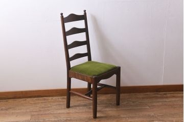 中古　松本民芸家具　グリーンのファブリックが上品な印象のA型布張ラダーバックチェア(ダイニングチェア、椅子)(R-040004)