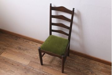 中古　松本民芸家具　グリーンのファブリックが上品な印象のA型布張ラダーバックチェア(ダイニングチェア、椅子)(R-040004)