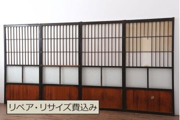 アンティーク建具　大正昭和初期　大きな帯ガラスが目を引く障子戸4枚セット(引き戸)(R-040012)