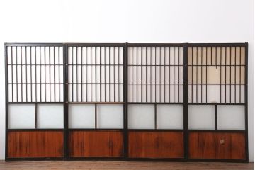 アンティーク建具　大正昭和初期　大きな帯ガラスが目を引く障子戸4枚セット(引き戸)(R-040012)
