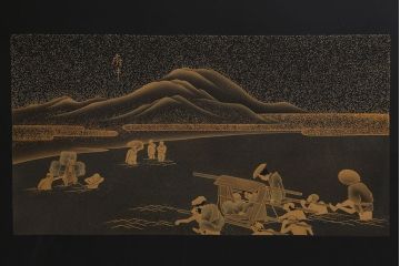 中古　輪島塗　東海道五十三次　黒漆と蒔絵が美しいガラス天板付きの座卓(ローテーブル)(R-040015)
