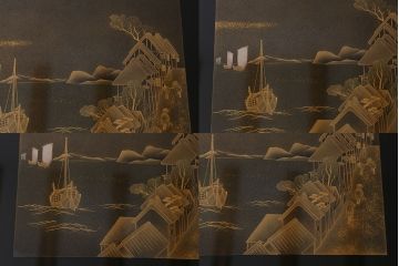 中古　輪島塗　東海道五十三次　黒漆と蒔絵が美しいガラス天板付きの座卓(ローテーブル)(R-040015)