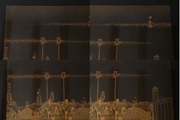 中古　輪島塗　東海道五十三次　黒漆と蒔絵が美しいガラス天板付きの座卓(ローテーブル)(R-040015)