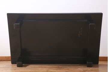 中古　輪島塗　東海道五十三次　黒漆と蒔絵が美しいガラス天板付きの座卓(ローテーブル)(R-040015)