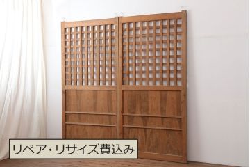 アンティーク建具　戸車付き　ヒノキ材　木のぬくもりあふれる素通しの格子戸2枚セット(蔵戸、引き戸、建具、玄関戸)(R-040024)