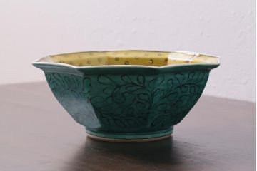 未使用品　昭和期　九谷焼色絵　黄彩　深鉢(和食器、深皿)(R-040027)