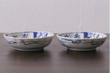 アンティーク雑貨　古民具・骨董　江戸後期　染付　4.6寸なます皿2枚セット(和食器、小皿)(R-040028)